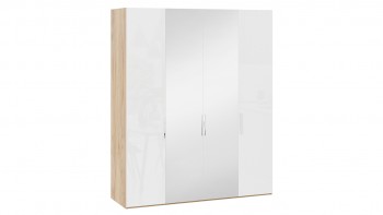 Шкаф комбинированный с 2 глухими и 2 зеркальными дверями «Эмбер» Яблоня Беллуно/Белый глянец в Краснообске - krasnoobsk.mebel54.com | фото